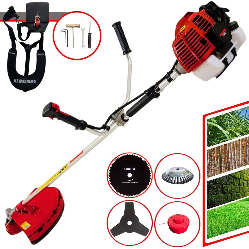 Roçadeira Podador de Grama Kawashima KW43L À Gasolina 2T 43cc 1,7HP Completa Com Carretel de Nylon + Faca 3 Pontas + Faca 80 Dentes + Escova de Aço
