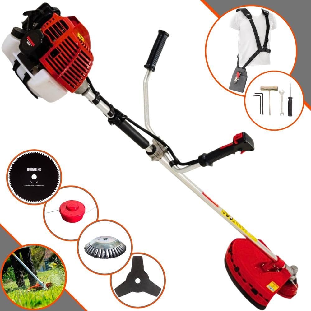 Roçadeira Robusta Kawashima KW43L À Gasolina 2T 43cc 1,7HP 4 Opções de Corte Com Lâmina 3 Pontas, Lâmina 80 Dentes, Escova de Aço e Carretel de Nylon