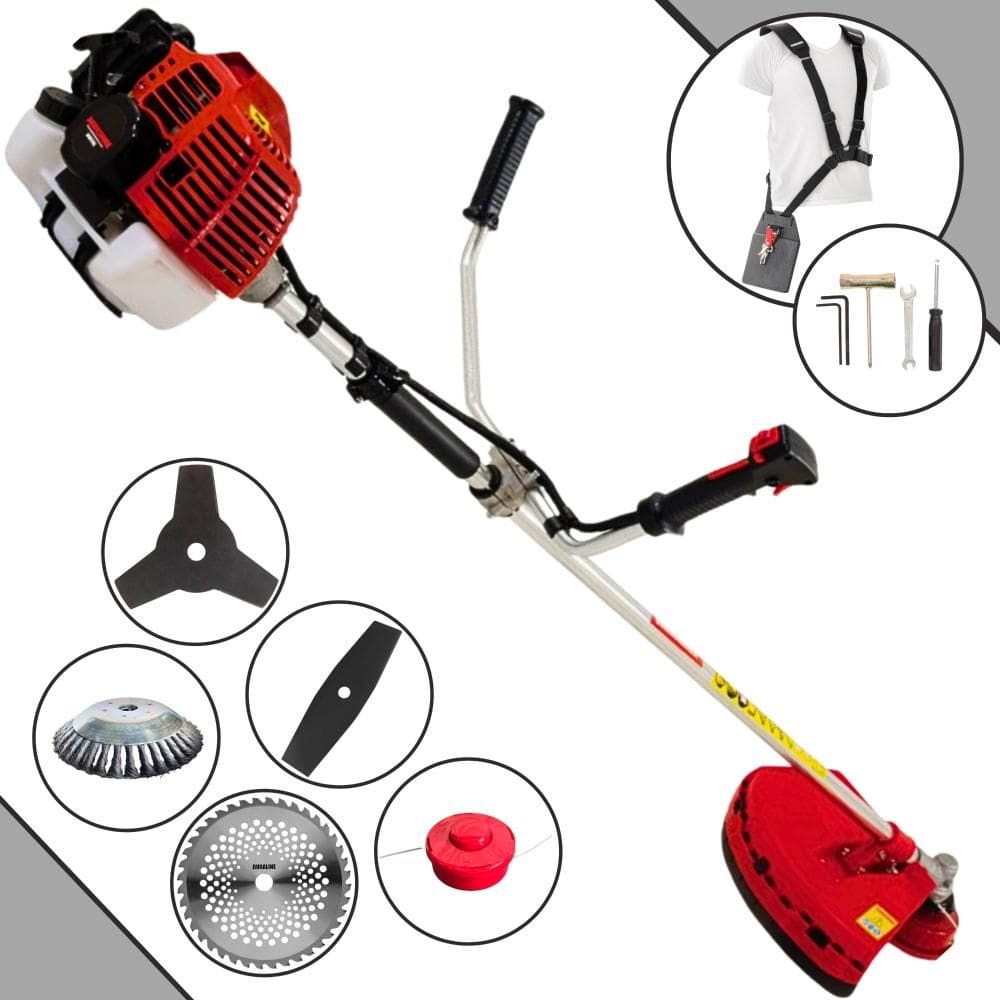 Roçadeira Profissional Kawashima KW43L À Gasolina 43cc 1,7HP Completa 5 Opções de Corte Com Lâmina 2 Pontas, Lâmina 40 Dentes e Escova de Aço EXTRA