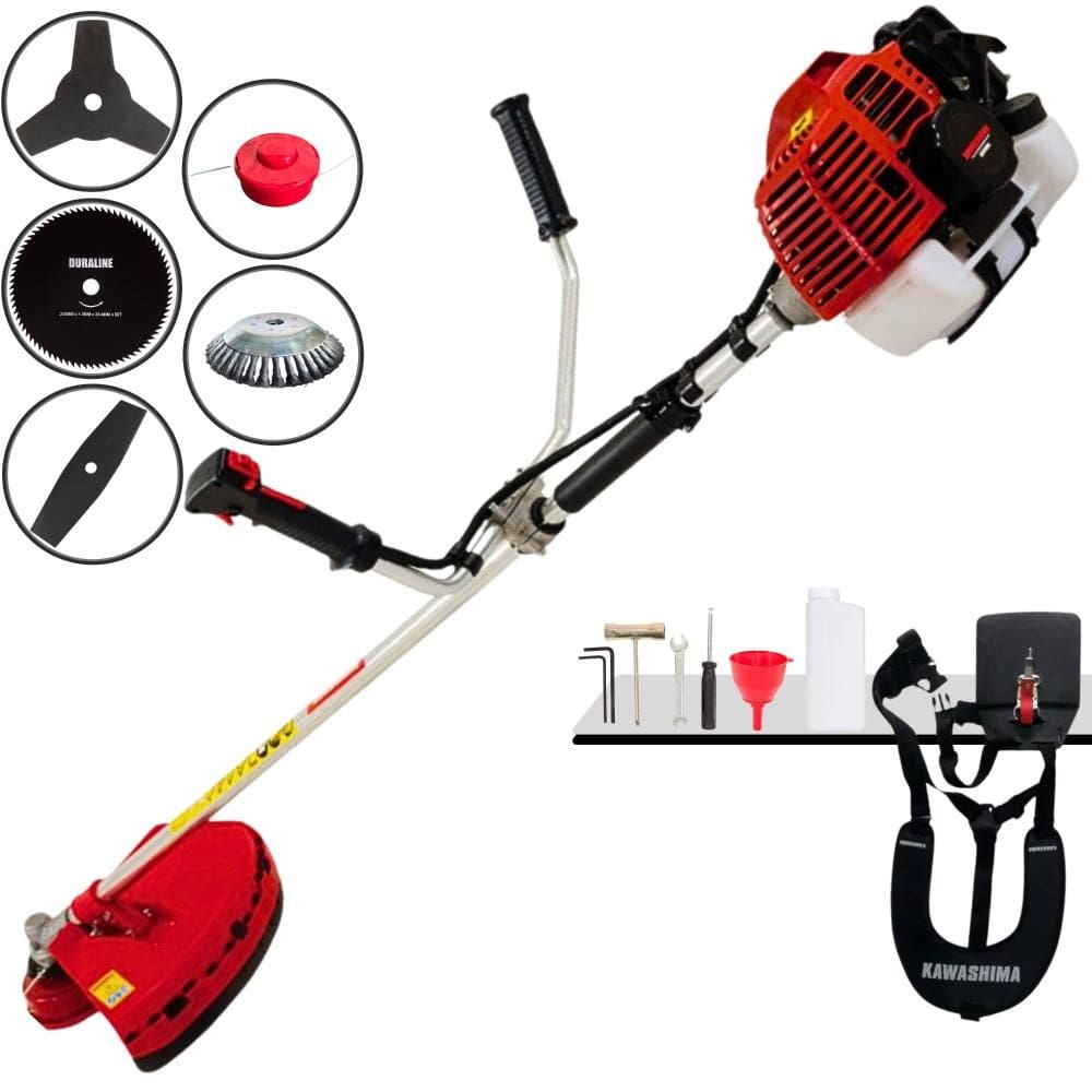 Roçadeira À Gasolina Kawashima KW43L 2T 43cc 10.000rpm 1,7HP 5 Opções de Corte Com Facas 2 Pontas, 3 Pontas, 80 Dentes, Escova de Aço e Carretel