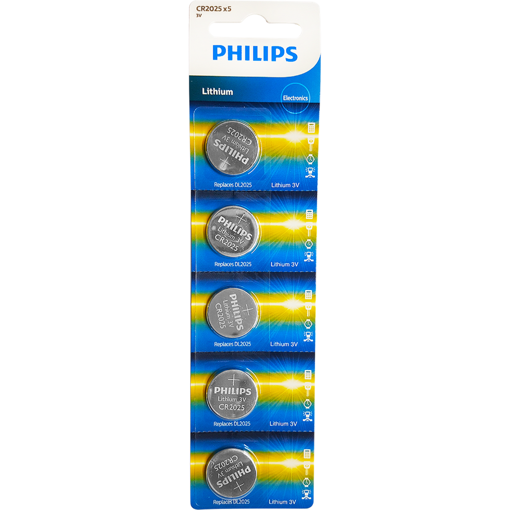 Cartela de Bateria CR2025 Philips com 5 unidades
