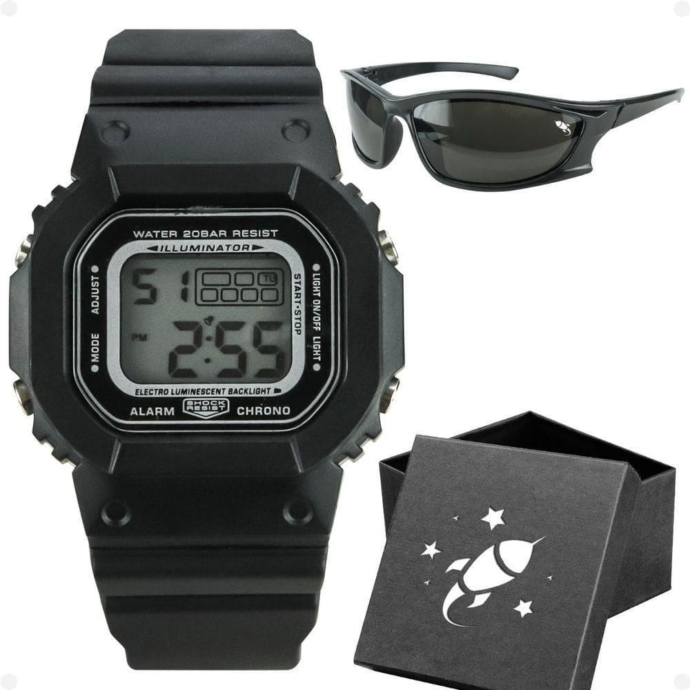 Relogio Digital Led Infantil Menino Preto + Oculos + Caixa Silicone Ajustavel Proteção Uv Presente