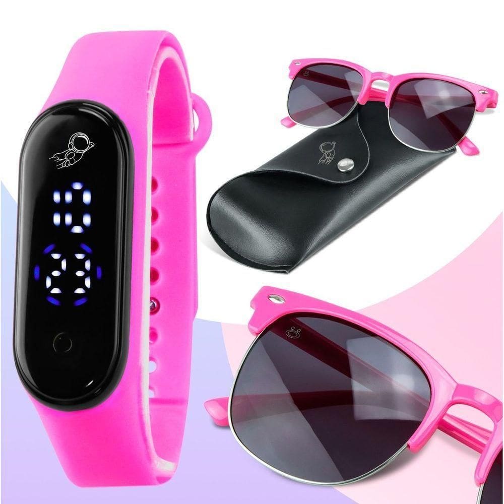 Relogio Digital Led Infantil Prova Dagua + Case + Oculos Sol Ajustavel Presente Data Criança Menina