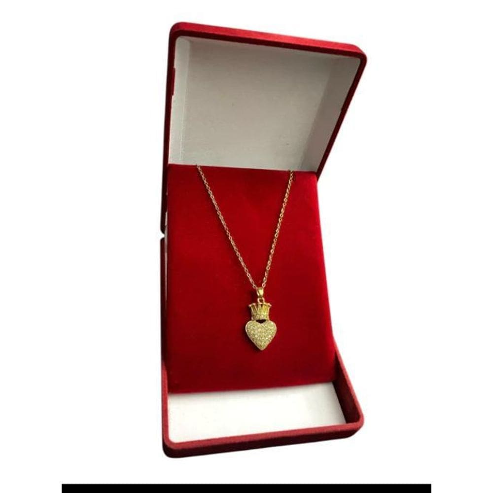 Cordão Feminino Pingente Coração Coroa 1Mm - Banhado A Ouro