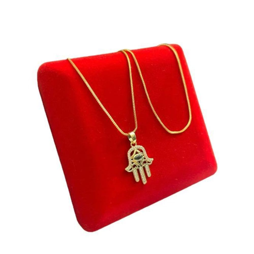 Cordão Feminino 1Mm Mão De Fatima Hamsá Banhado A Ouro 18K