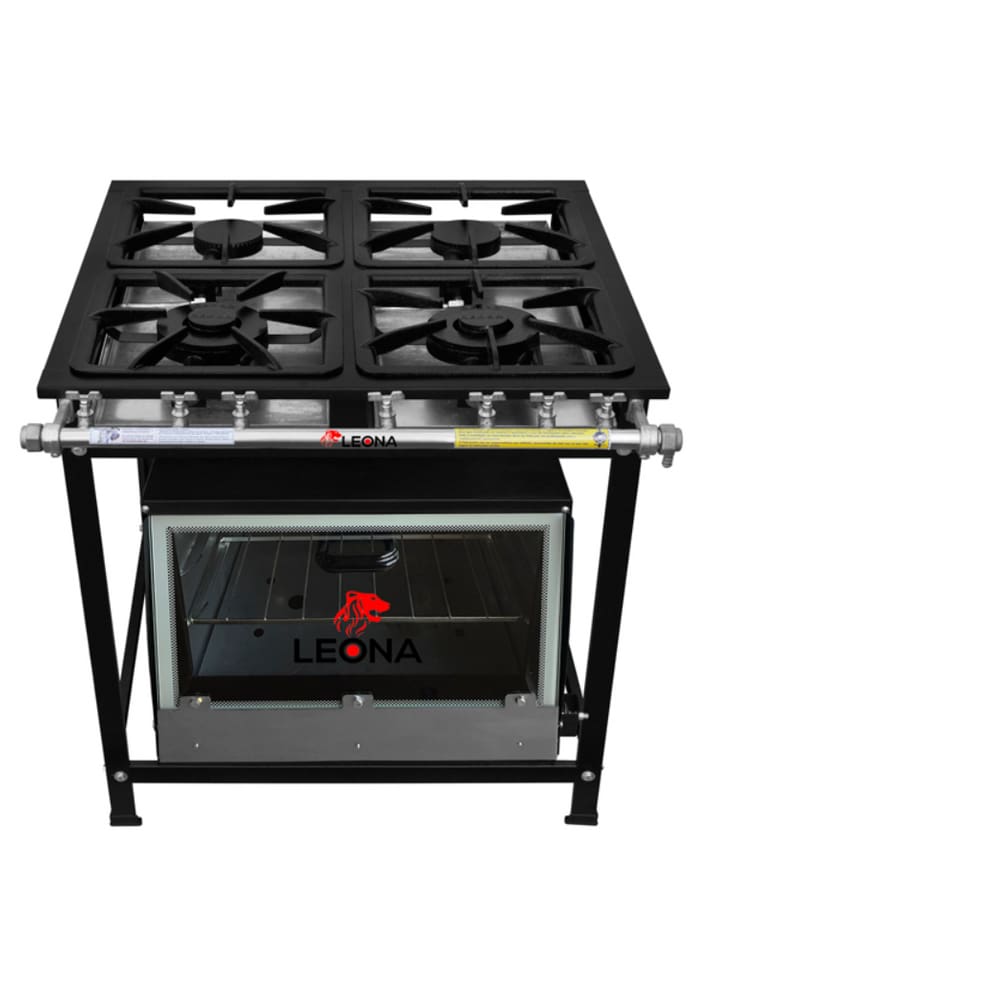 Fogão 4 Bocas Leona Industrial Com Forno Vidro Preto