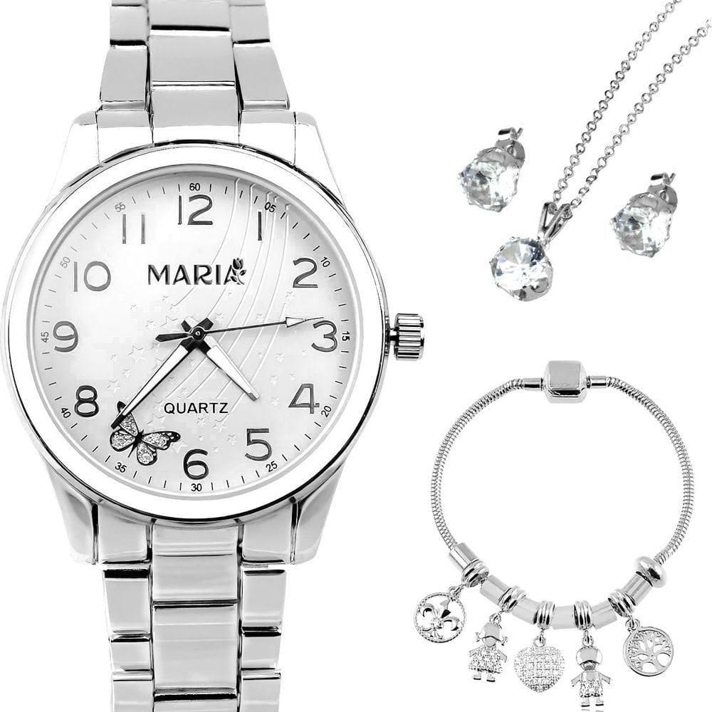 Relogio Aco Inox Prata Feminino + Pulseira + Brincos Colar Presente Social Strass Ajustavel Garantia