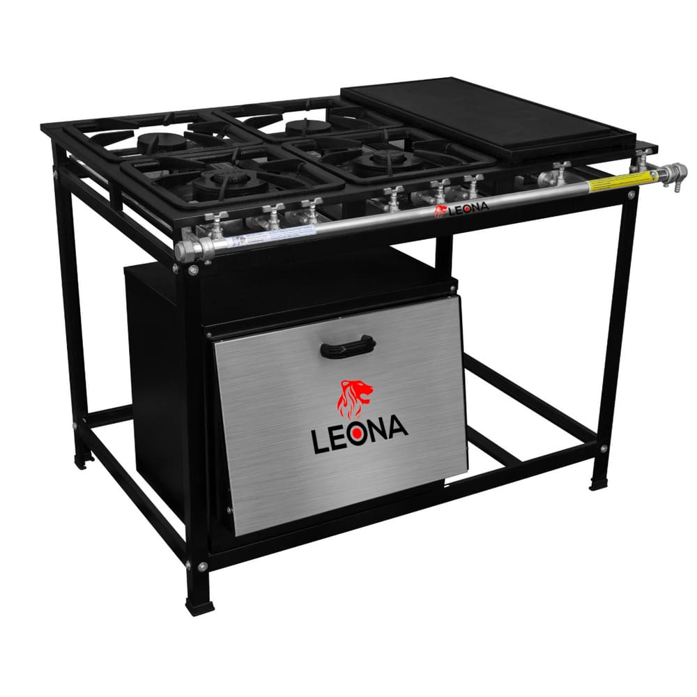 Fogão 4 Bocas Leona Com Forno e Chapa Inox