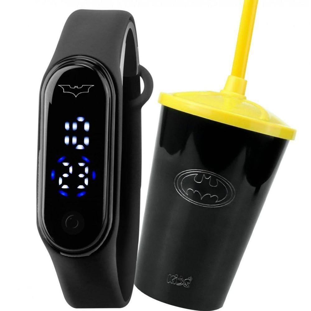 Relogio Led Infantil Prova Dagua Preto + Digital + Copo Batman Silicone Adolescente Esportivo Preto
