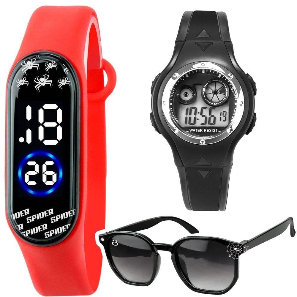 Relogio Digital Preto Homemaranha + Oculos Sol Protecao Uv Pulseira Ajustavel Vermelho Resistente