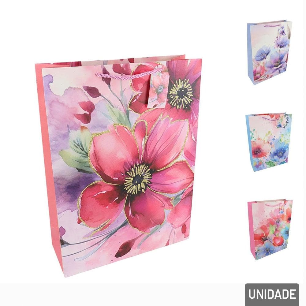 Sacola de Papel 32x26cm Flores com Glitter - Tudo em Caixa