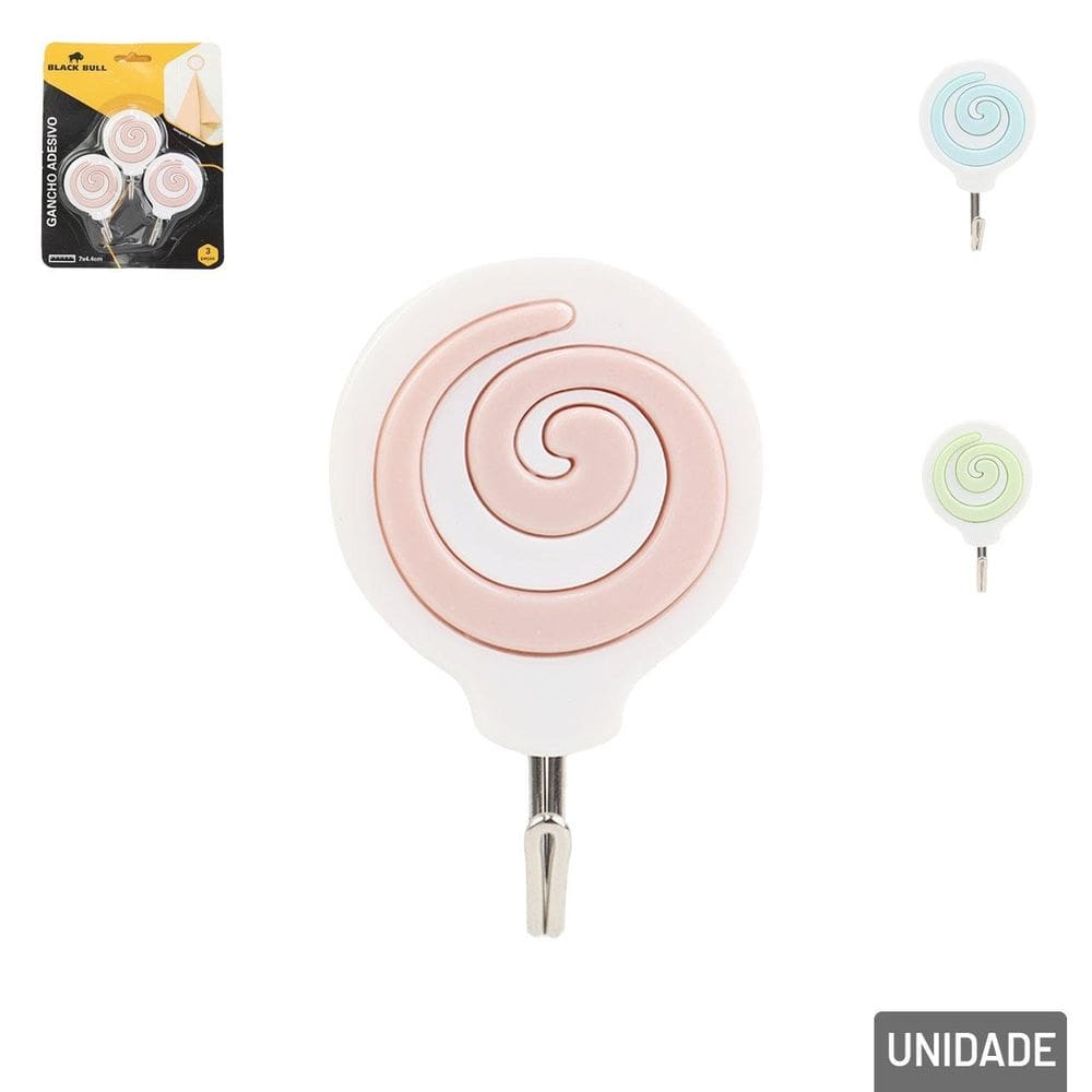 Gancho de Plástico 3Pçs 7cm Adesivo Pirulito Color - Tudo em Caixa