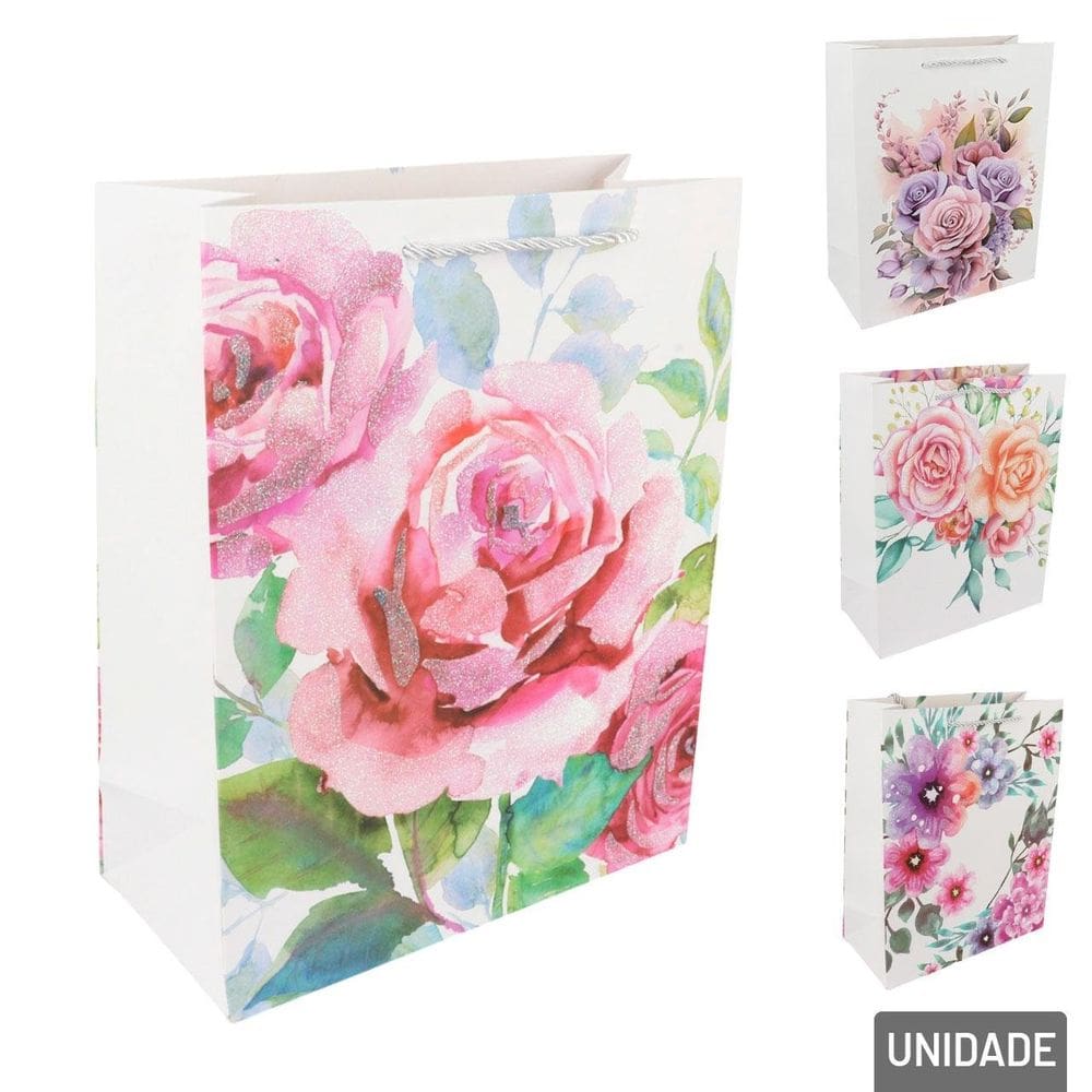 Sacola de Papel 32x26cm Flores com Glitter - Tudo em Caixa