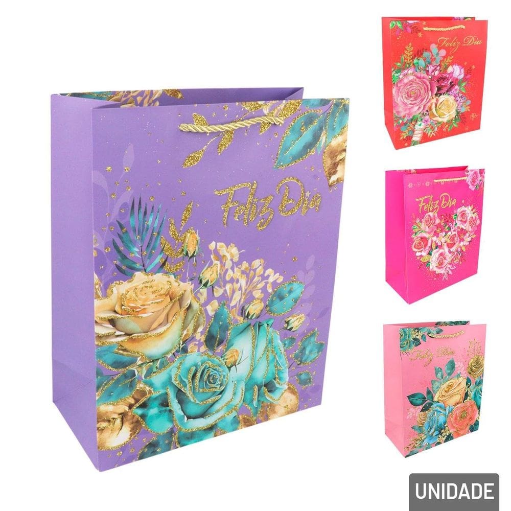 Sacola de Papel 32x26cm Flores Glitter - Tudo em Caixa
