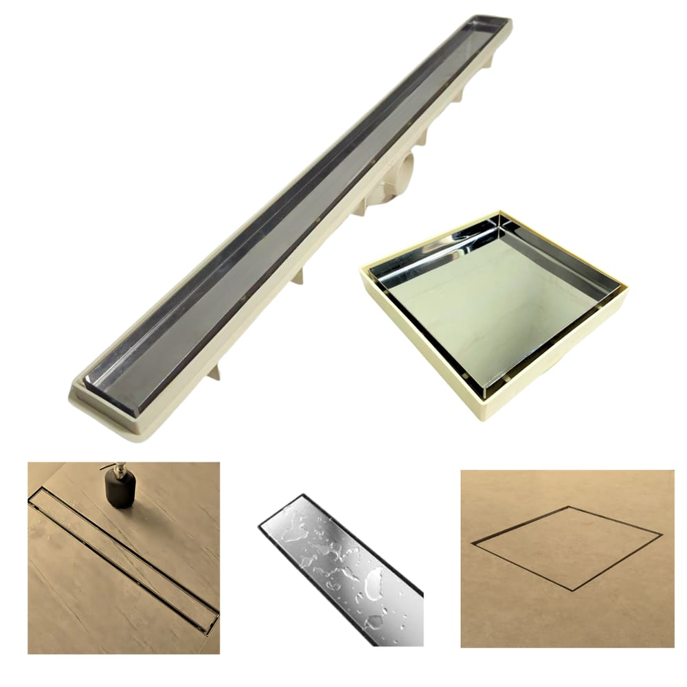 Kit Ralo Linear Banheiro 5x70 + Ralo 10x10 Inox Oculto Bege Box Lavabo Dentro e Fora