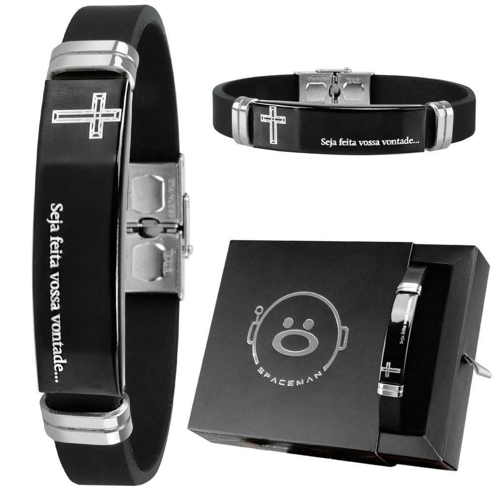 Pulseira Preta Placa Aço Inox Caixa Pai Nosso Masculina