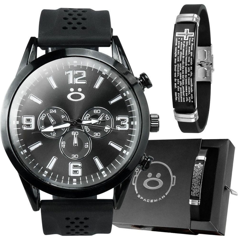 Relogio Aço Inox Preto Masculino + Pulseira Pai Nosso + Caixa Presente Casual Silicone Social