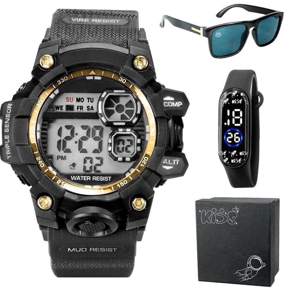Relogio Prova Dagua Digital + Oculos Sol Protecao Uv Qualidade Premium Menino Presente Data Silicone