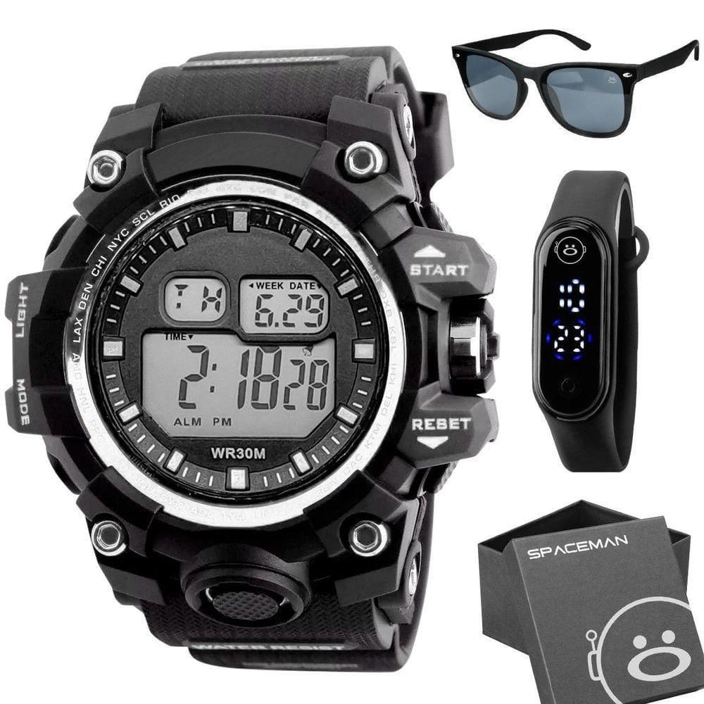 Caixa + Oculos Proteção Uv + Relogio Prova Dagua Digital Cronometro Grande Presente Esportivo Preto