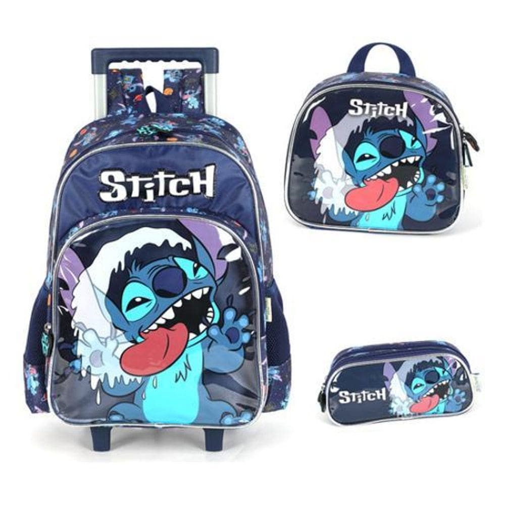 Kit Mochila Carrinho Lancheira Estojo Stitch Disney