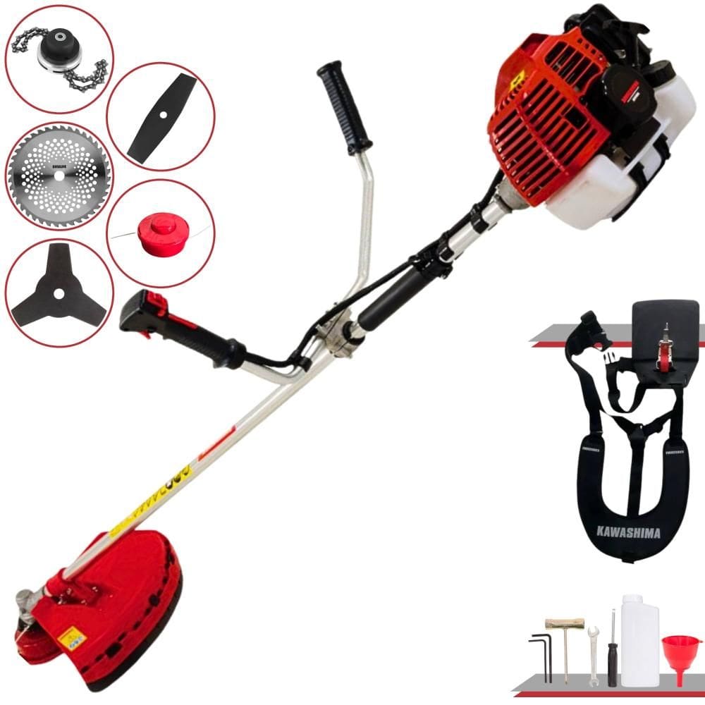 Roçadeira À Gasolina Kawashima KW43-L 43cc 1,7HP 10.000rpm Alta Performance Com Cabeçote Nylon + Facas 2 Pontas, 3 Pontas, 40 Dentes Vídea e Trimmer
