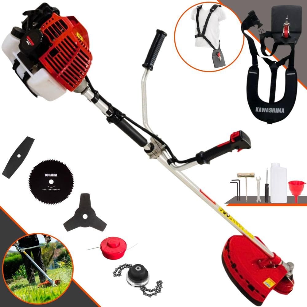 Roçadeira Kawashima KW43-L 2T 43cc 10.000rpm 1,7HP de Potência Completa Com Carretel e Faca 3 Pontas + Faca 2 Pontas + Faca 80 Dentes + Trimmer