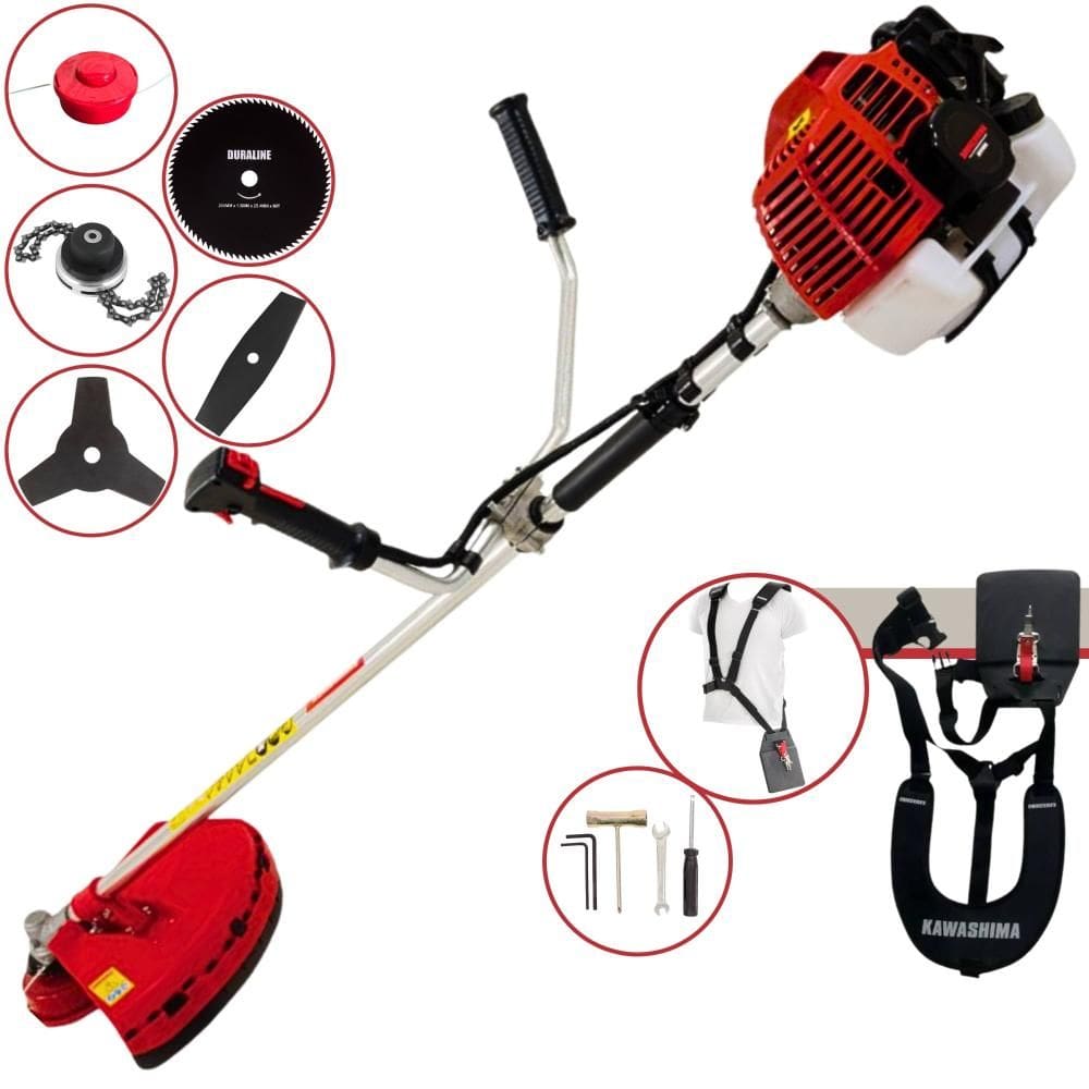 Roçadeira Robusta Kawashima KW43L À Gasolina 43cc 1,7HP 5 Opções de Corte Com Lâmina Facão, Lâmina 3 Pontas, Lâmina 80 Dentes, Trimmer e Carretel