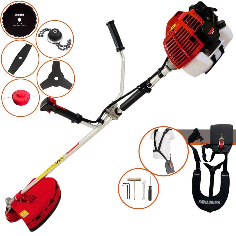 Roçadeira À Gasolina KW43-L 2T 43cc 1,7HP de Alta Performance Completa Com Carretel e Faca 3 Pontas + EXTRA Faca 2 Pontas, Faca 80 Dentes e Trimmer