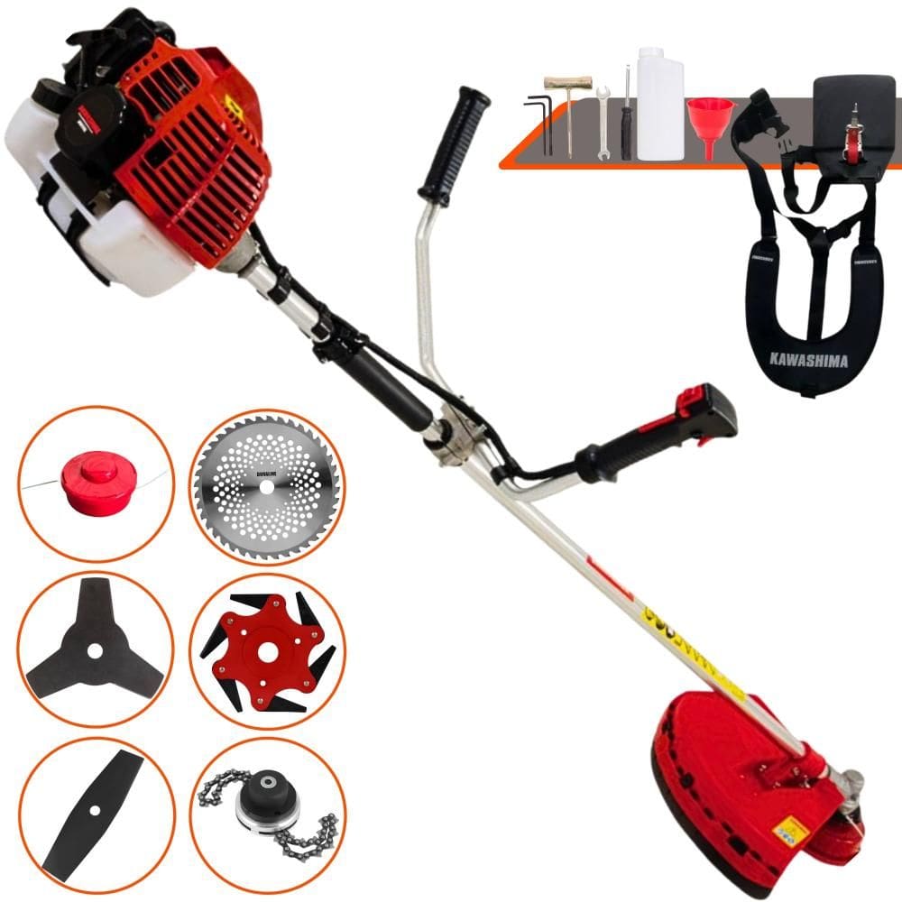 Máquina de Corta Grama Kawashima KW43L À Gasolina 43cc 1,7HP 10.000rpm Multifunções Profissional Completa Com Carretel de Nylon + 5 Lâminas de Corte