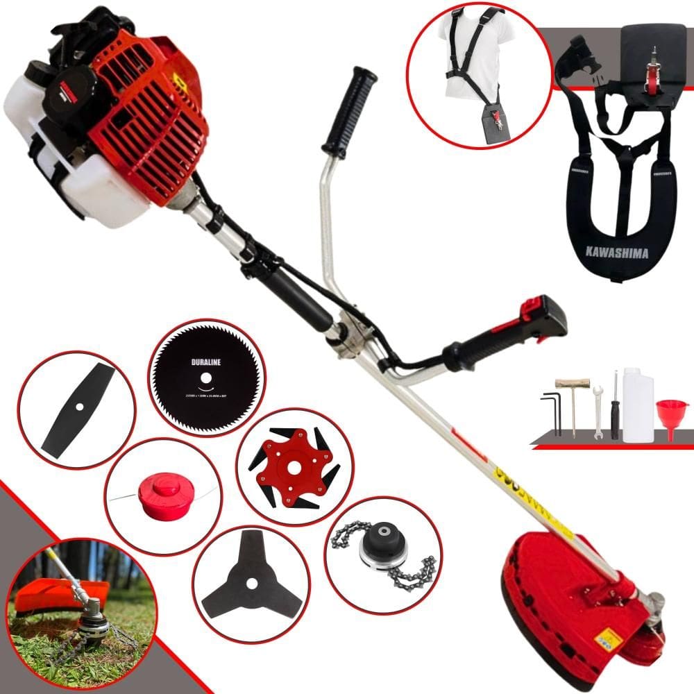 Roçadeira À Gasolina KW43L Kawashima 43cc 2T 1,7HP Completa Com Carretel + Faca 2 Pontas + Faca 3 Pontas + Faca 6 Pontas + Faca 80 Dentes + Trimmer