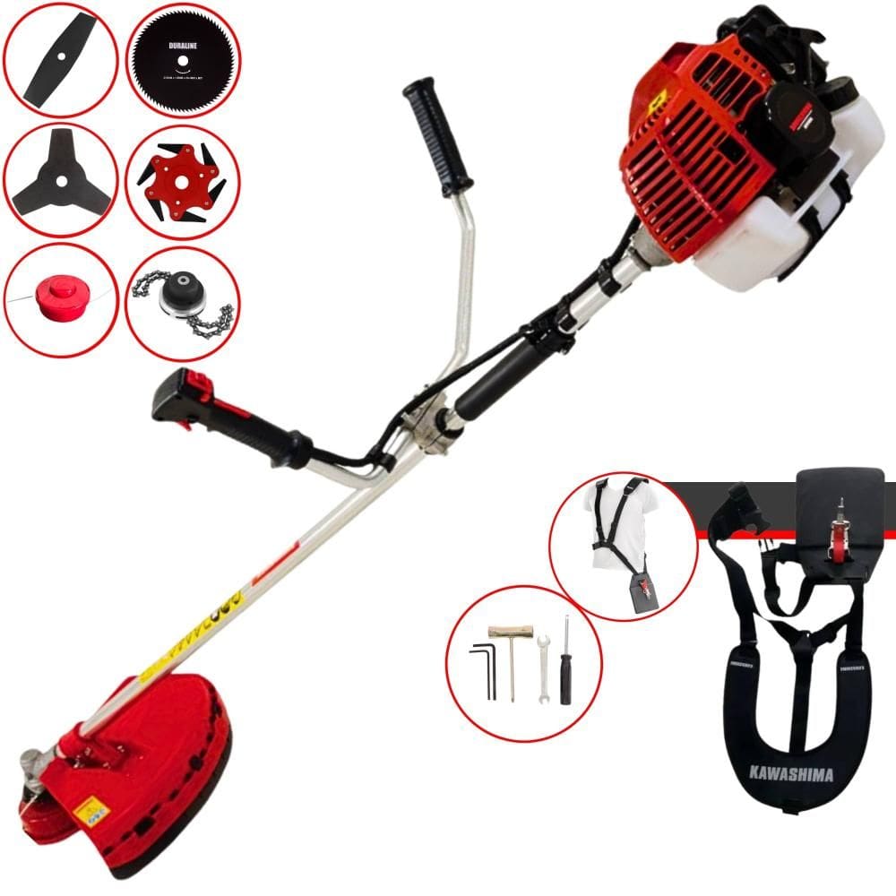 Roçadeira Multifunções Kawashima KW43L À Gasolina 43cc 10.000rpm 1,7HP 6 Opções de Corte Com Facas 2 Pontas, 3 Pontas, 6 Pontas, 80 Dentes e Trimmer