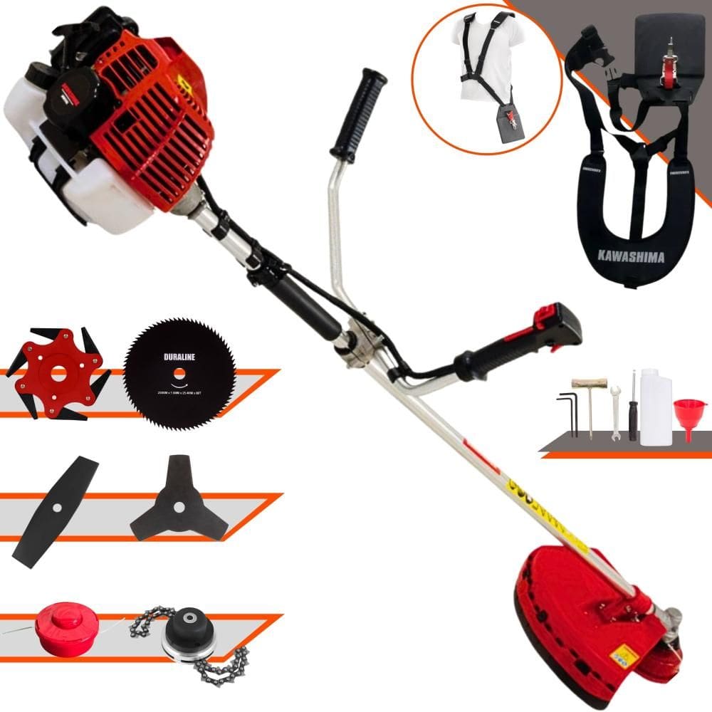 Roçadeira Cortador de Grama Kawashima KW43L À Gasolina 2T 43cc 1,7HP 6 Opções de Corte Com Facas 2 Pontas, 3 Pontas, 6 Pontas, 80 Dentes e Trimmer