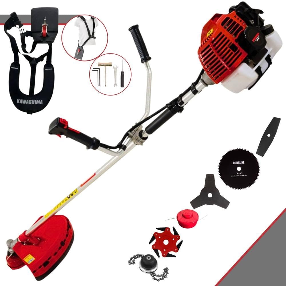 Roçadeira Lateral Kawashima KW43L 2T 43cc 10.000rpm 1,7HP Com Carretel e Faca 3 Pontas + Faca 2 Pontas + Faca 6 Pontas + Faca 80 Dentes + Trimmer