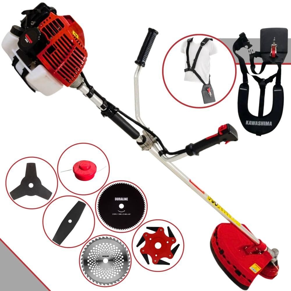 Roçadeira Multifunções Kawashima KW43L À Gasolina 43cc 1,7HP Alta Rotação Para Todos os Tipos de Trabalho Com Carretel + Kit de 5 Lâminas de Cortes