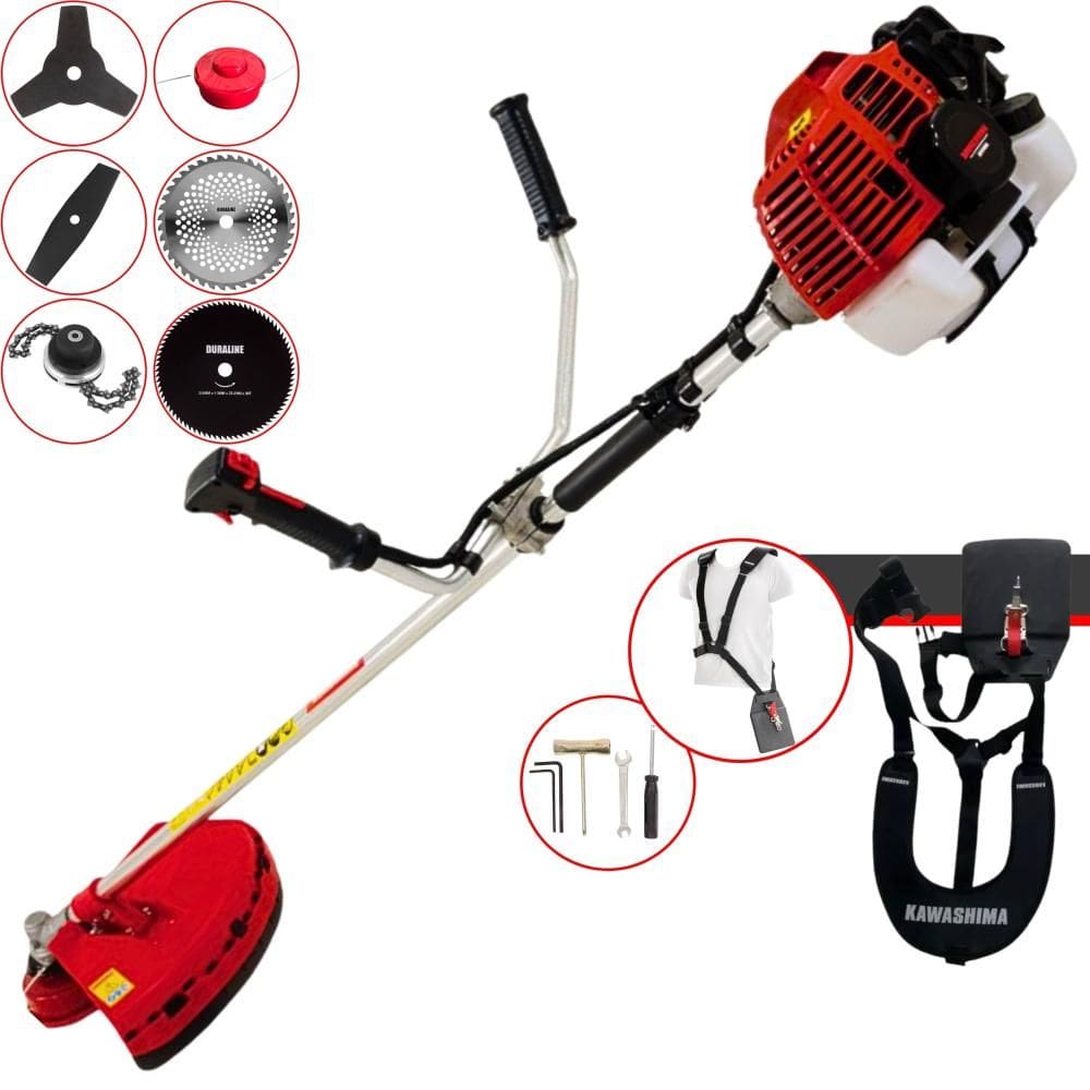 Roçadeira Robusta Kawashima KW43-L À Gasolina 2T 43cc 1,7HP 6 Opções de Corte Com Facas 2 Pontas, 3 Pontas, 40 Dentes, 80 Dentes, Trimmer e Carretel