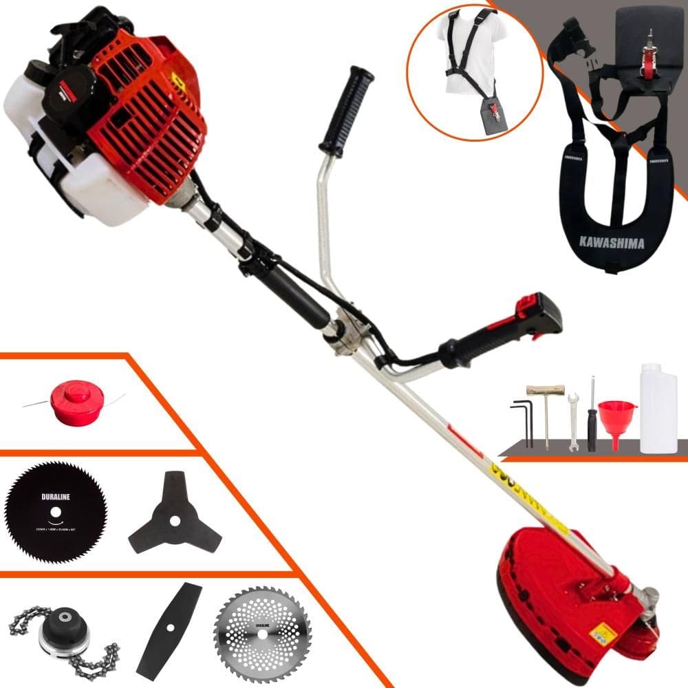 Roçadeira KW43L Kawashima À Gasolina 2T 43cc 1,7HP Alta Rotação 6 Em 1 Com Carretel + Facas 2 Pontas + 3 Pontas + 40 Dentes + 80 Dentes + Trimmer