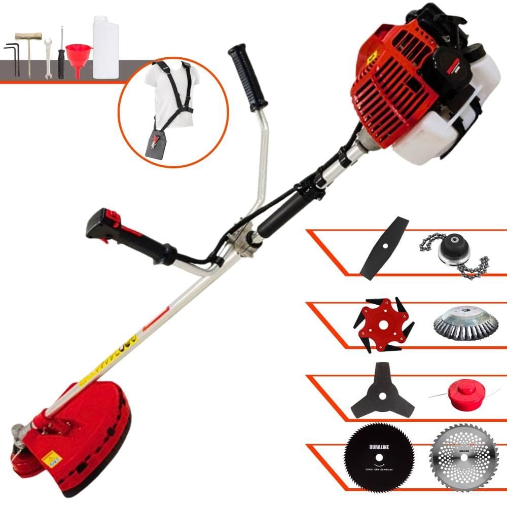 Aparador de Grama Kawashima KW43L 43cc 1,7HP Com Carretel + Facas 2 Pontas, 3 Pontas, 6 Pontas, 40 Dentes Vídea, 80 Dentes, Trimmer e Escova de Aço