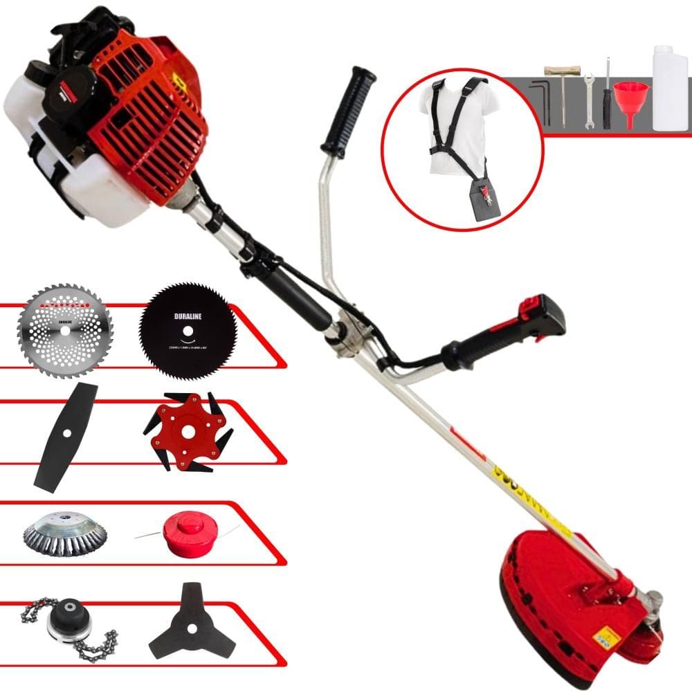 Roçadeira Profissional Kawashima KW43L 43cc 2T 1,7HP Com Carretel + Facas 2 Pontas, 3 Pontas, 6 Pontas, 40 Dentes, 80 Dentes, Trimmer e Escova de Aço