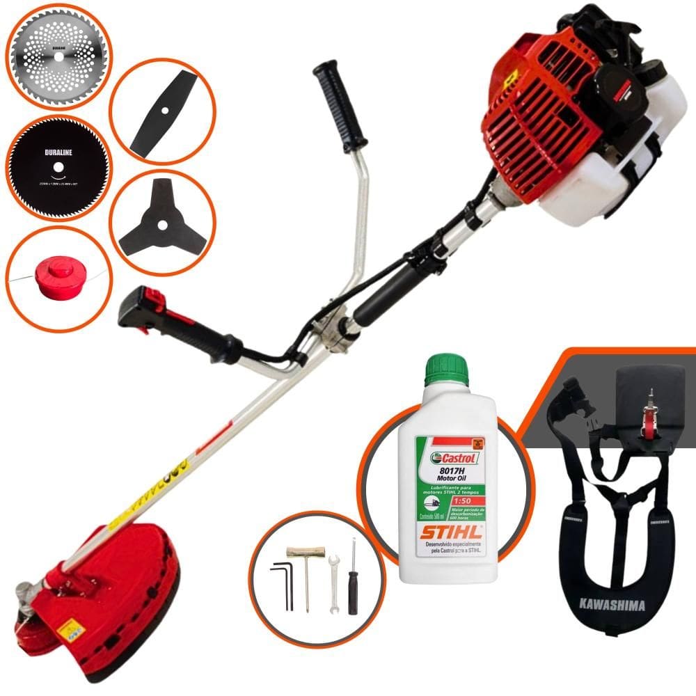 Roçadeira Multifunções Kawashima KW43L 43cc 1,7HP 10.000rpm Com Carretel e Faca 3 Pontas + Faca 2 Pontas, Faca 40 Dentes, Faca 80 Dentes + ÓLEO STIHL