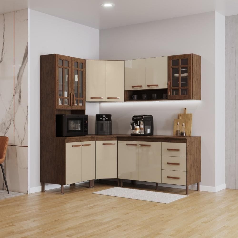 Cozinha Modulada Completa Fidelitá Lisboa 5 Peças 340cm 12 Portas 3 Gavetas Com Tampo Noce/off-white