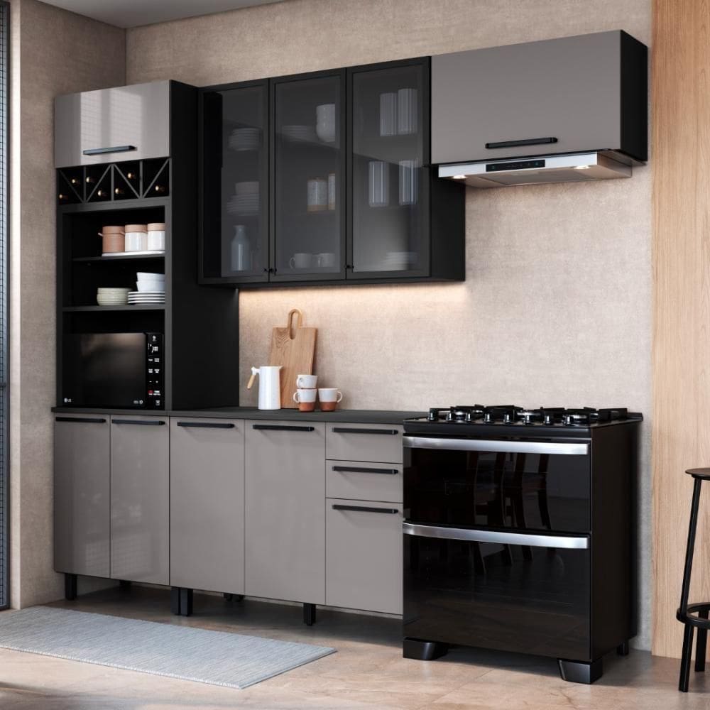 Cozinha Modulada Compacta Fidelitá Mônaco 4 Peças 270cm 10 Portas 2 Gavetas Com Tampo Chumbo/titânio