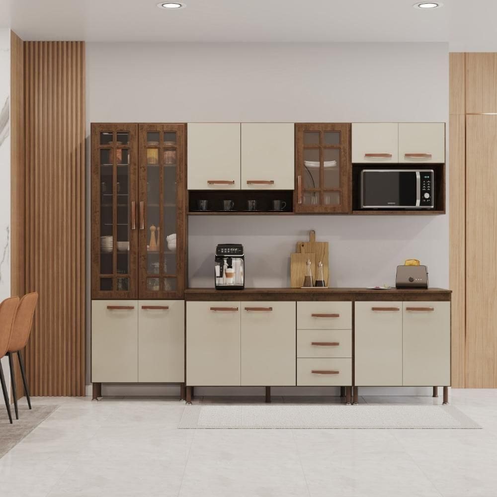 Cozinha Modulada Completa Fidelitá Lisboa 5 Peças 260cm 13 Portas 3 Gavetas Com Tampo Noce/off-white