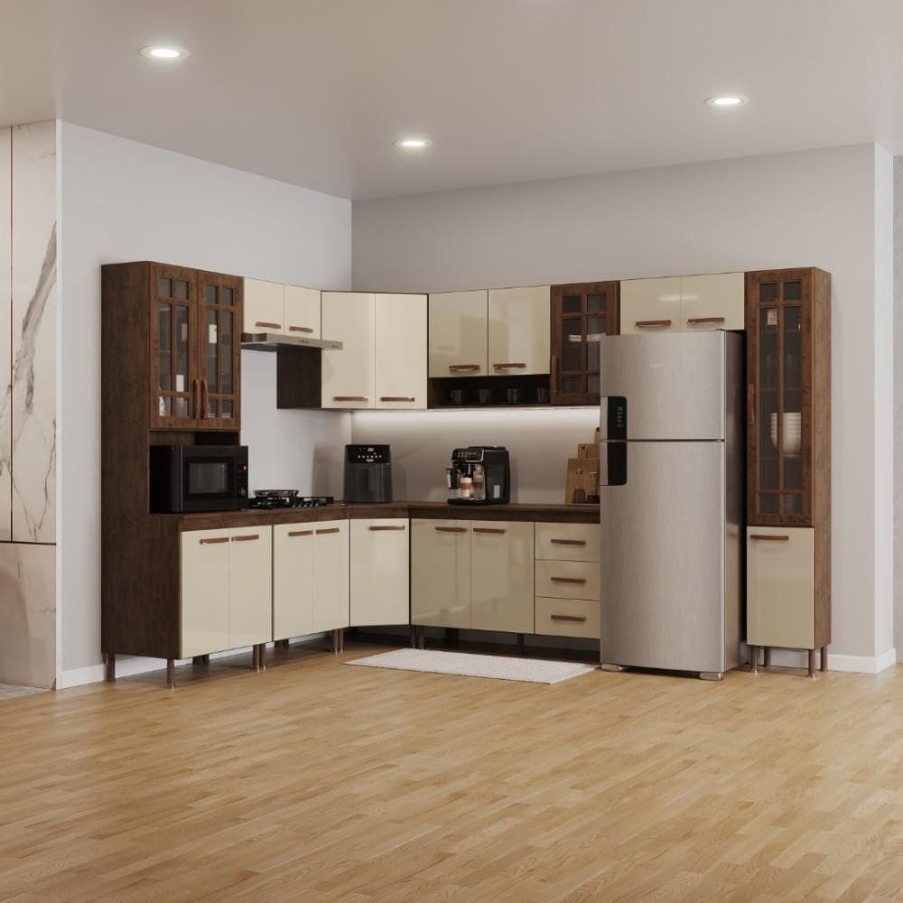 Cozinha Modulada Completa Fidelitá Lisboa 9 Peças 515cm 20 Portas 3 Gavetas Com Tampo Noce/off-white