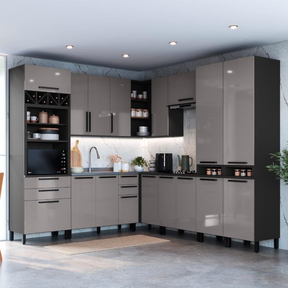 Cozinha Modulada Completa Fidelitá Mônaco 9 Peças 519cm 17 Portas 4 Gavetas Sem Tampo Chumbo/titânio