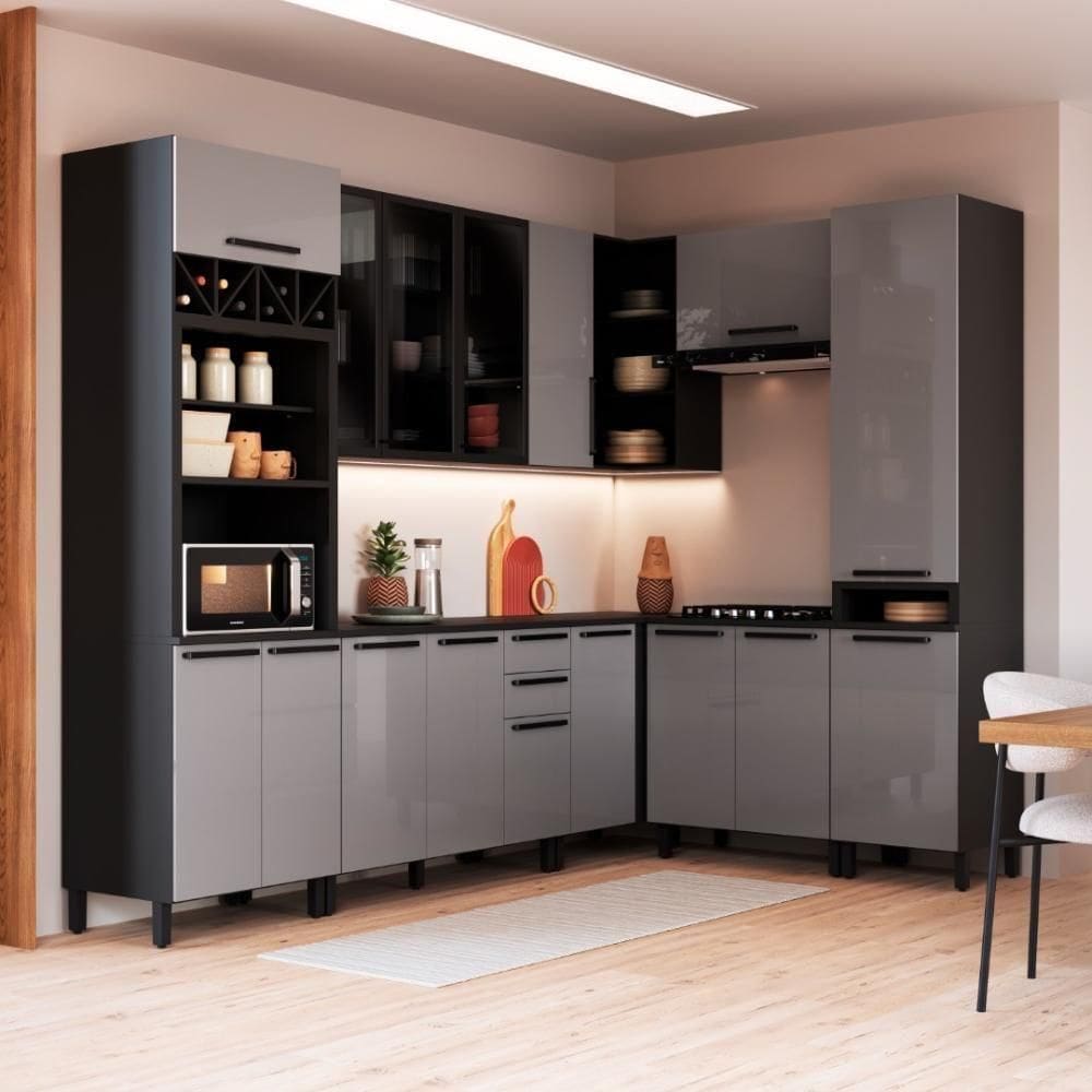 Cozinha Modulada Completa Fidelitá Mônaco 8 Peças 469cm 16 Portas 2 Gavetas Com Tampo Chumbo/titânio