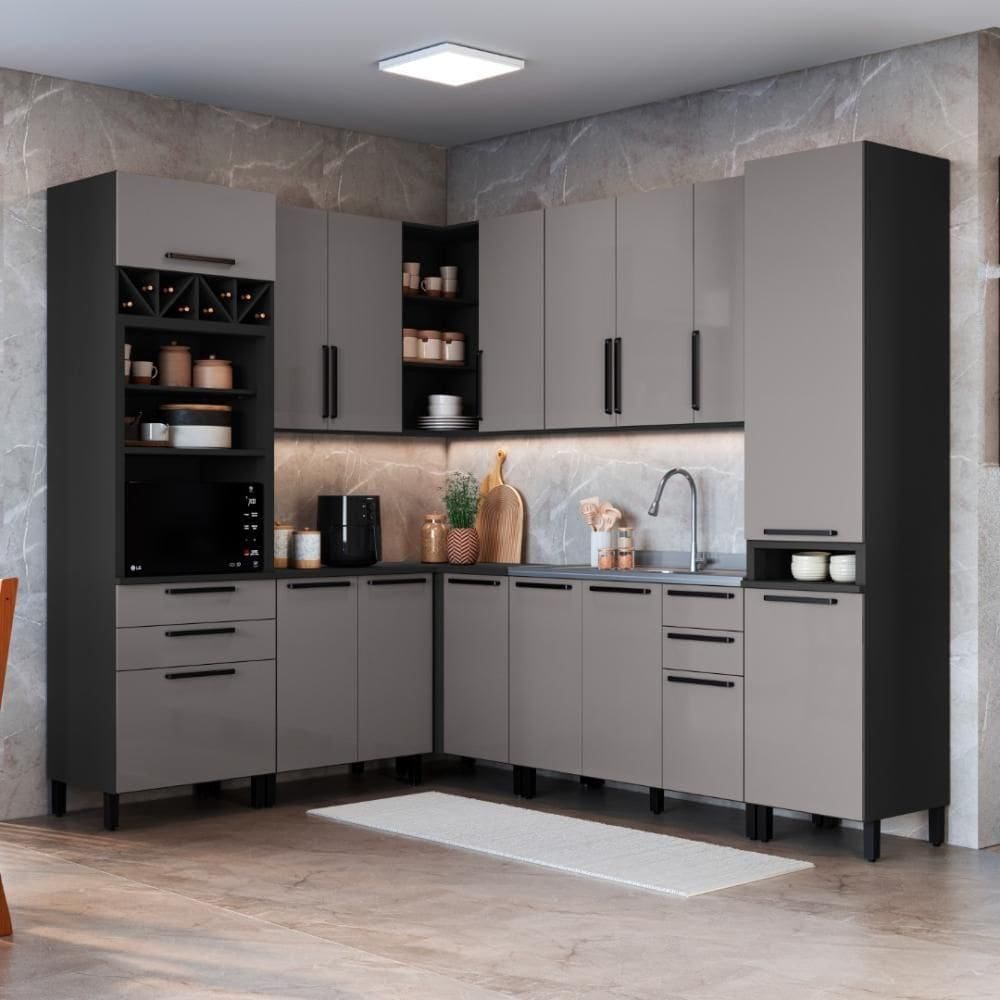 Cozinha Modulada Completa Fidelitá Mônaco 8 Peças 469cm 16 Portas 4 Gavetas Sem Tampo Chumbo/titânio