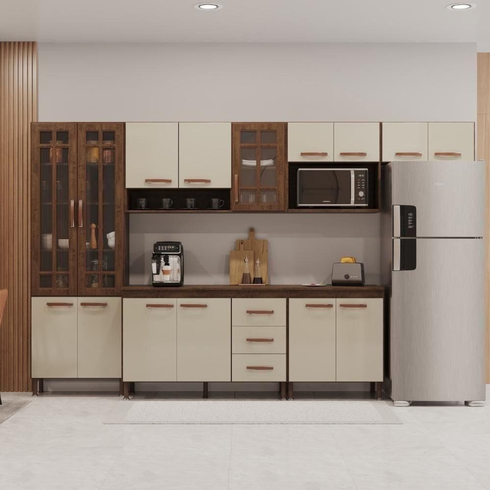 Cozinha Modulada Completa Fidelitá Lisboa 6 Peças 330cm 15 Portas 3 Gavetas Com Tampo Noce/off-white