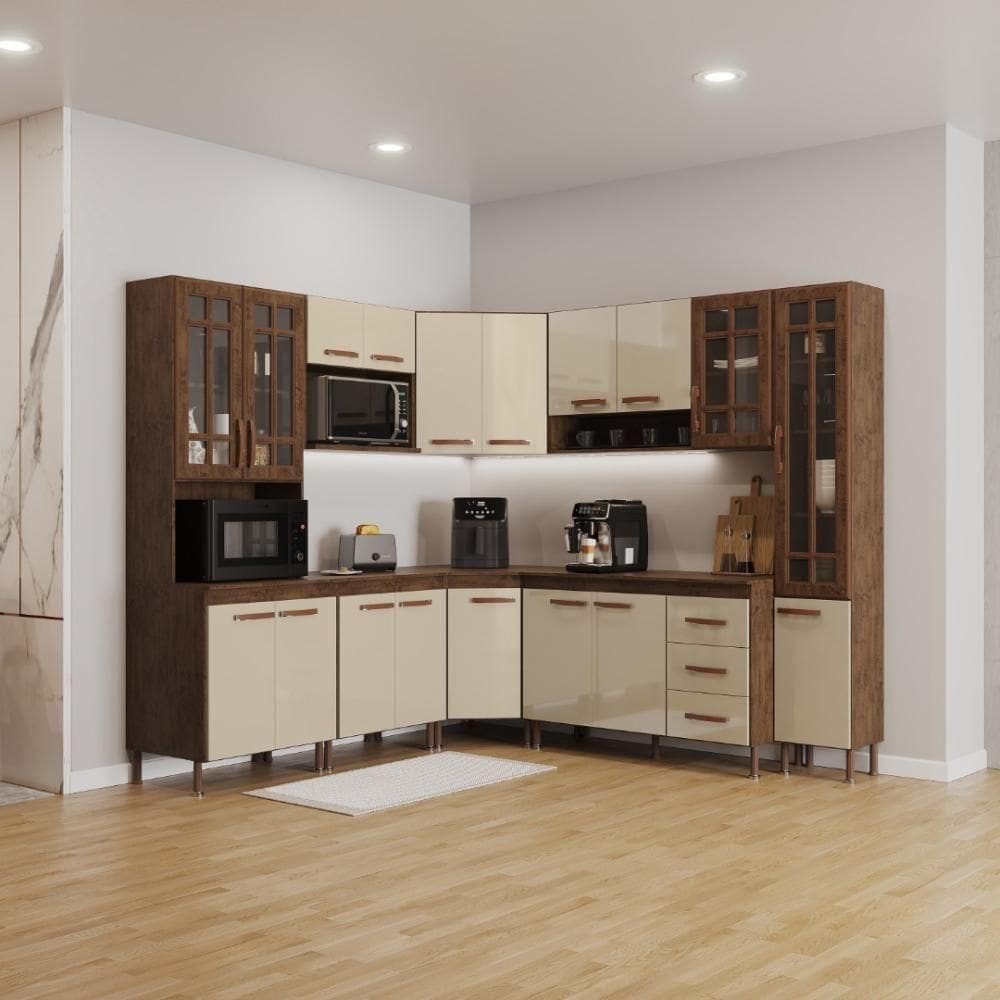 Cozinha Modulada Completa Fidelitá Lisboa 8 Peças 445cm 18 Portas 3 Gavetas Com Tampo Noce/off-white
