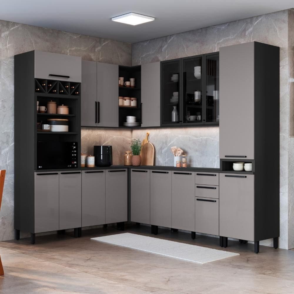 Cozinha Modulada Completa Fidelitá Mônaco 8 Peças 449cm 17 Portas 2 Gavetas Com Tampo Chumbo/titânio