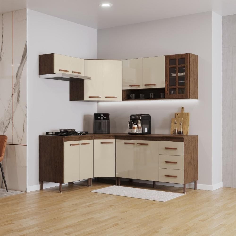 Cozinha Modulada Completa Fidelitá Lisboa 6 Peças 340cm 12 Portas 3 Gavetas Com Tampo Noce/off-white